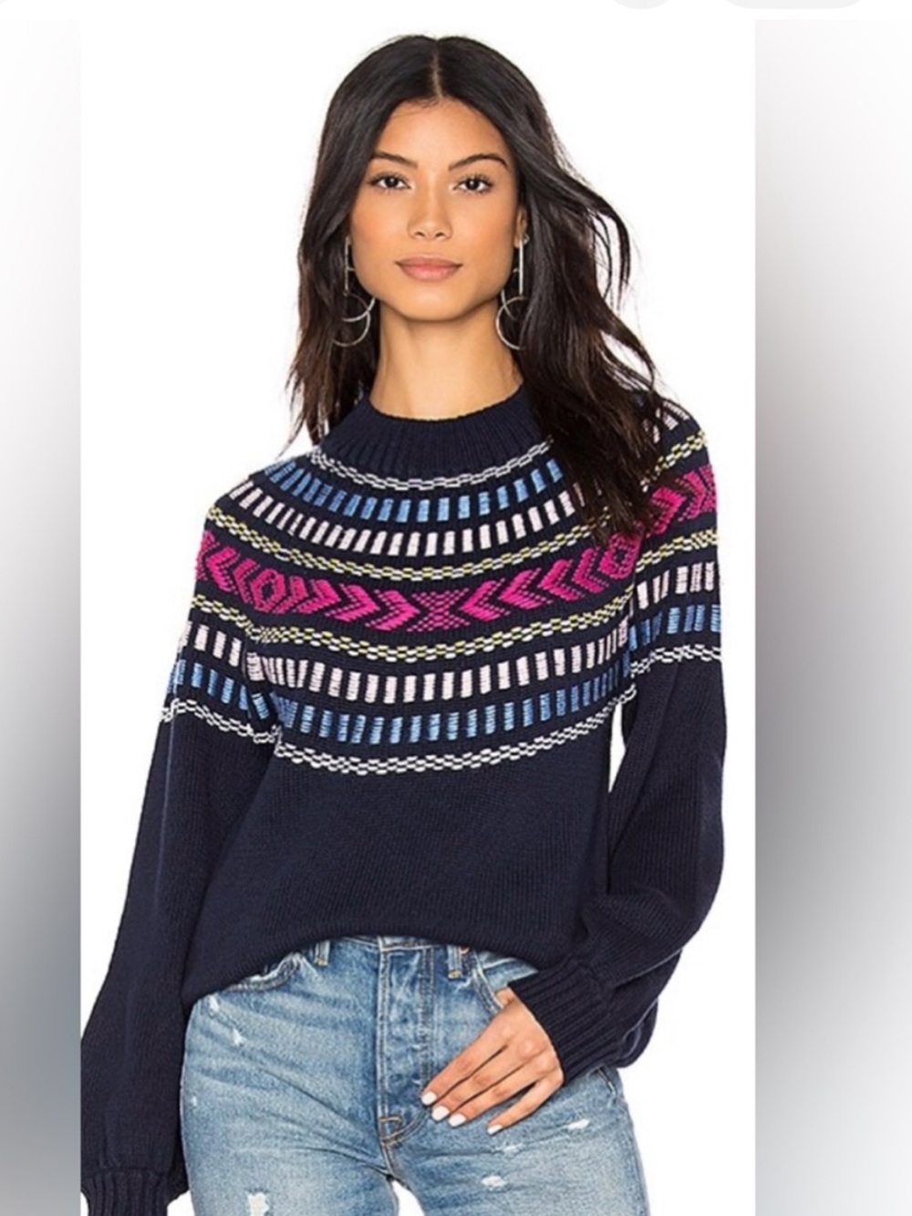 Rebecca Minkoff Navy Fair Isle Crewneck Sweater with Pink & Light Blue Accents